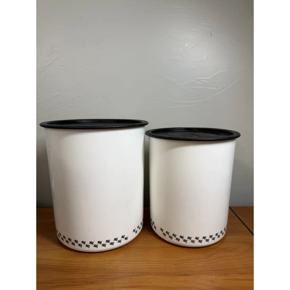 2 Tupperware One Touch Canisters M&L White Black Checker Print Design Black Lids